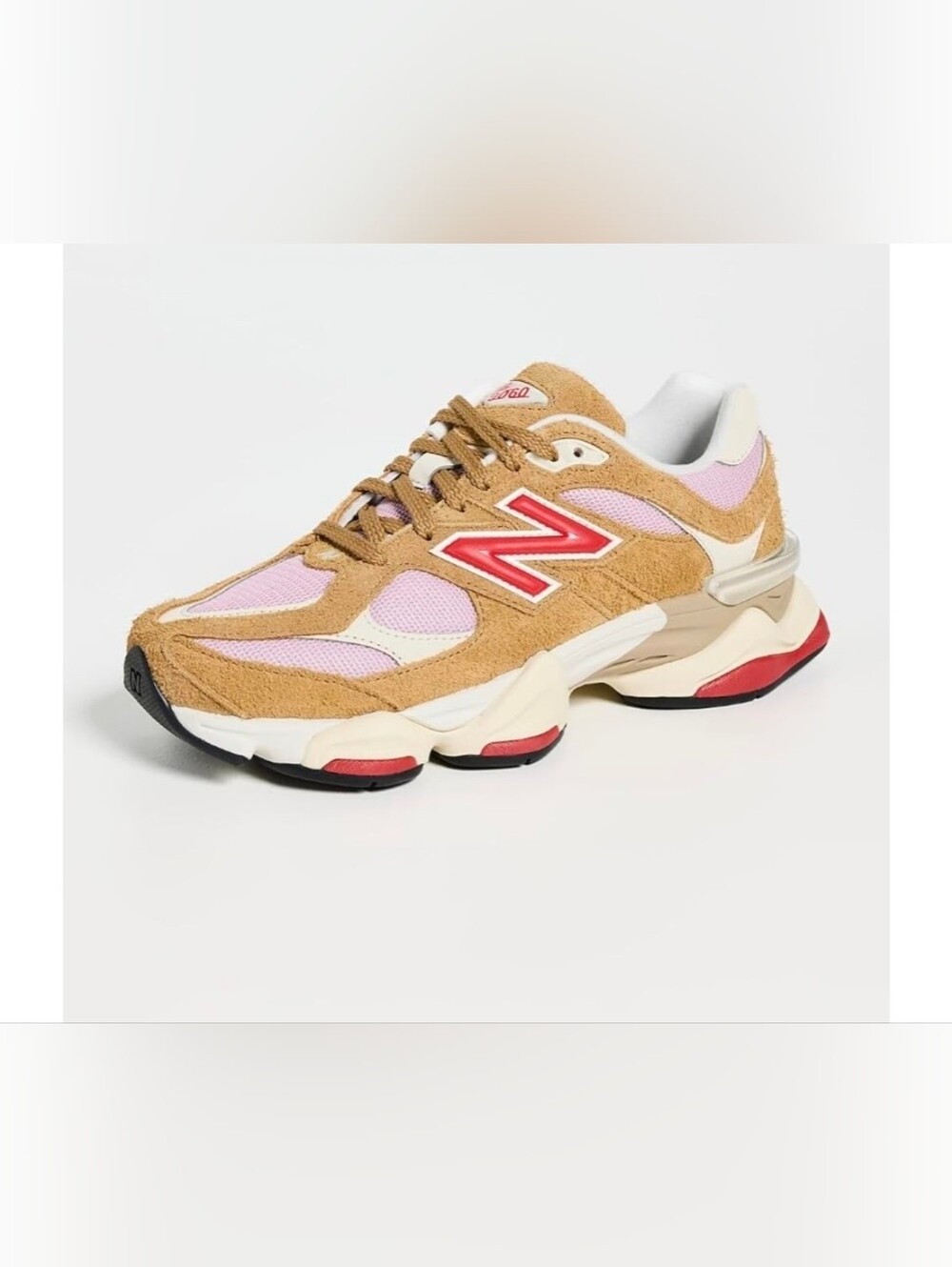 New Balance Tan Suede Sneakers with Pink Mesh & Red N Logo